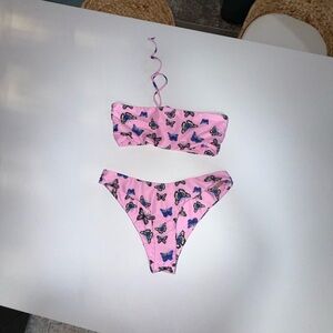 🦋 Pink Butterfly Bandeau Bikini – Size L (Adjustable, Fits S–L)